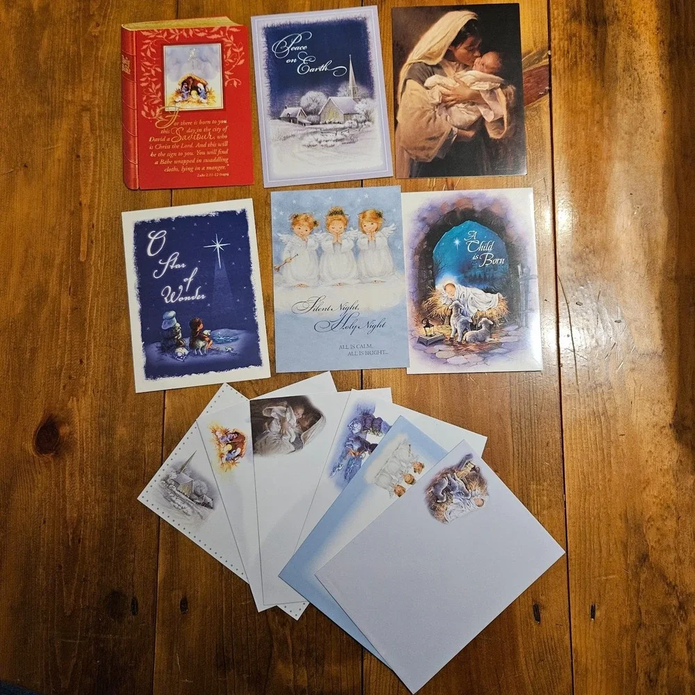 Vintage Religious Christmas Card & Matching Envelopes Lot Nativity‎ Angels